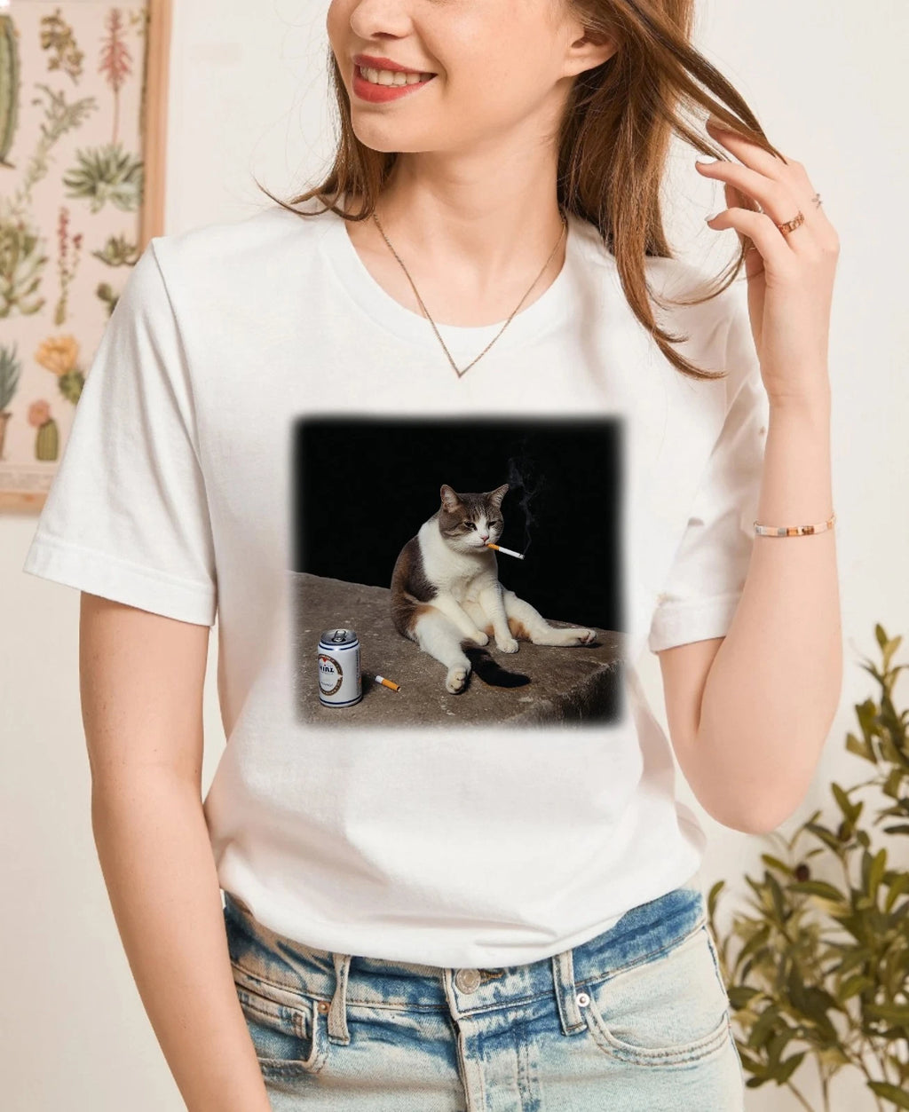Funny Smoking Cat T-Shirt, Cool Lazy Cat Graphic Tee, Humorous Animal Meme Shirt