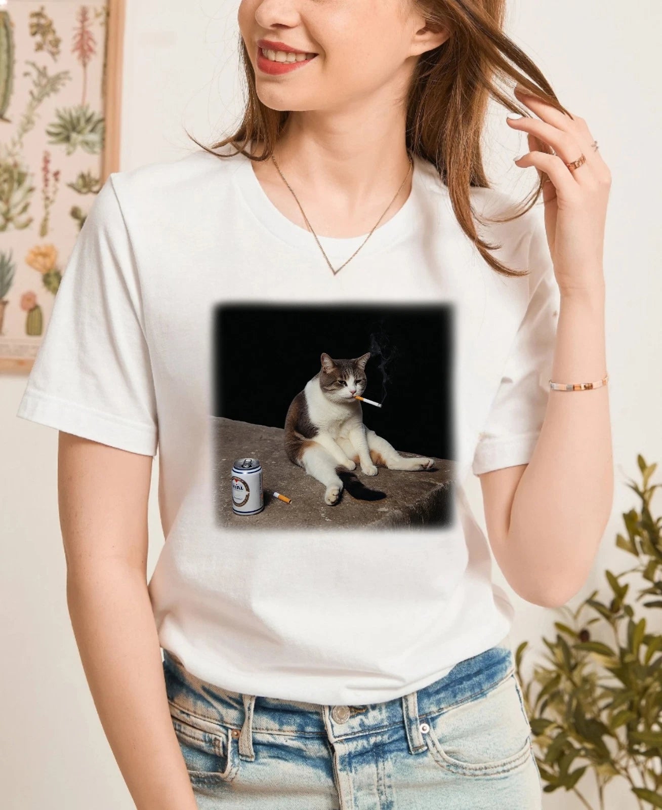 Funny Smoking Cat T-Shirt, Cool Lazy Cat Graphic Tee, Humorous Animal Meme Shirt