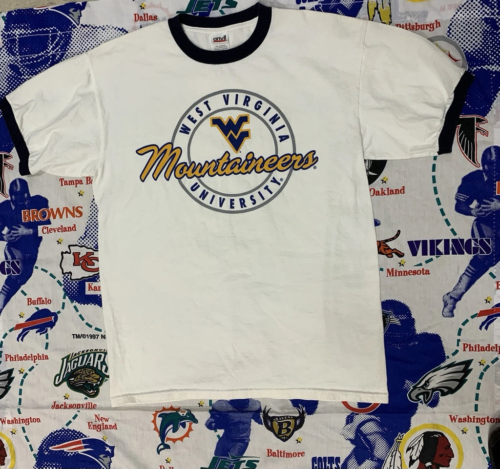 Vintage West Virginia Mountaineers University Logo Ringer T Shirt Size Large