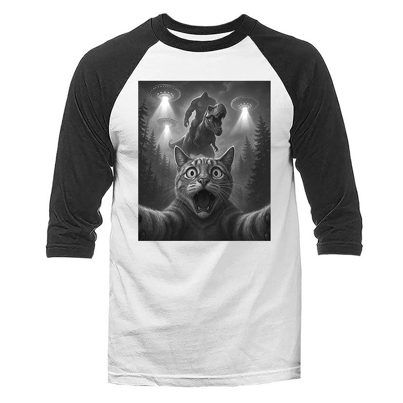 Scared Cat Selfie with Sasquatch Big Foot Funny Humorous 3/4 Sleeve Raglan