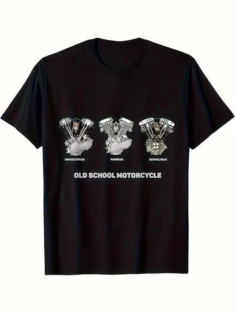 Men'S And Women'S Retro Motorcycle Engine Graphic T-Shirt - Black Vintage V-Twin
