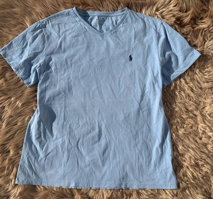 Polo Ralph Lauren V-Neck T-Shirt Large Blue Cotton Embroidered Pony Men's