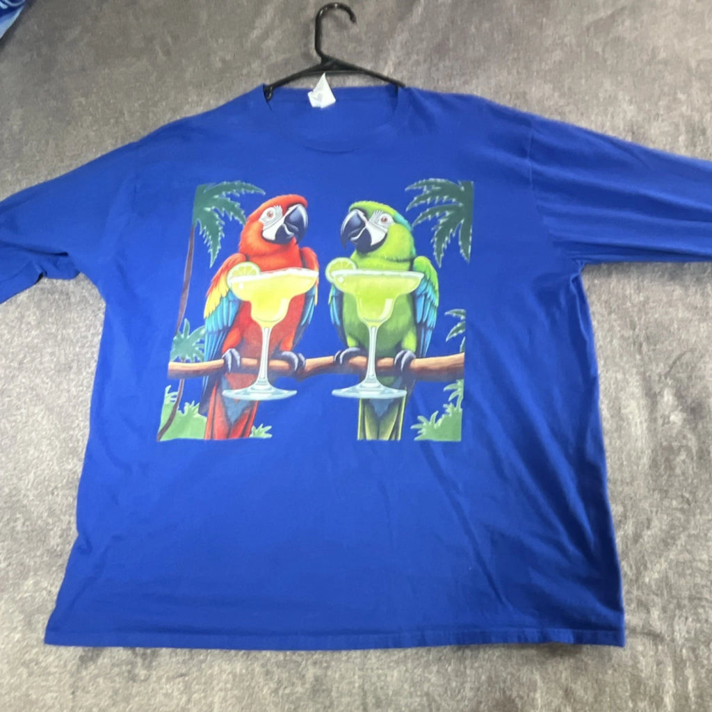 Port & Company Favorite Tee Mens 2XL Blue Tropical Parrot Graphic Crew T-Shirt
