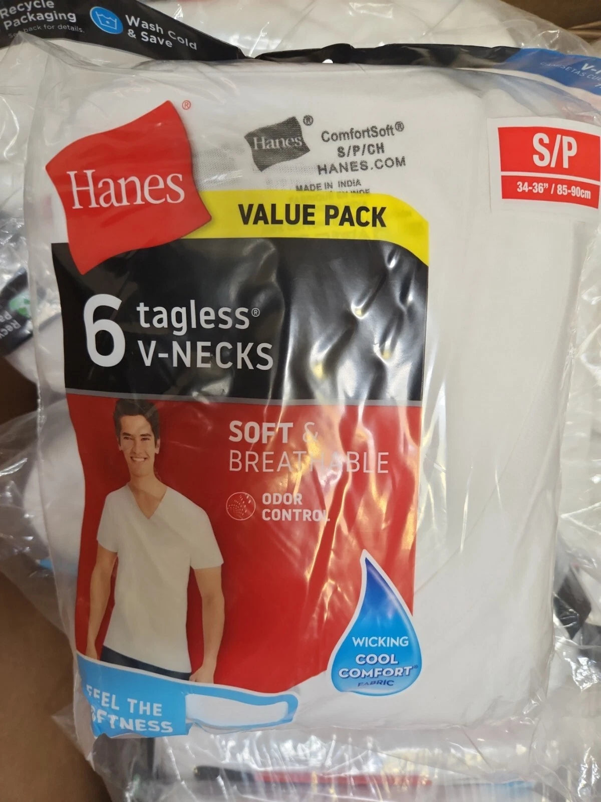 Hanes Men's tagless V-Necks T-Shirts White 6 Pack Size S (34-36")