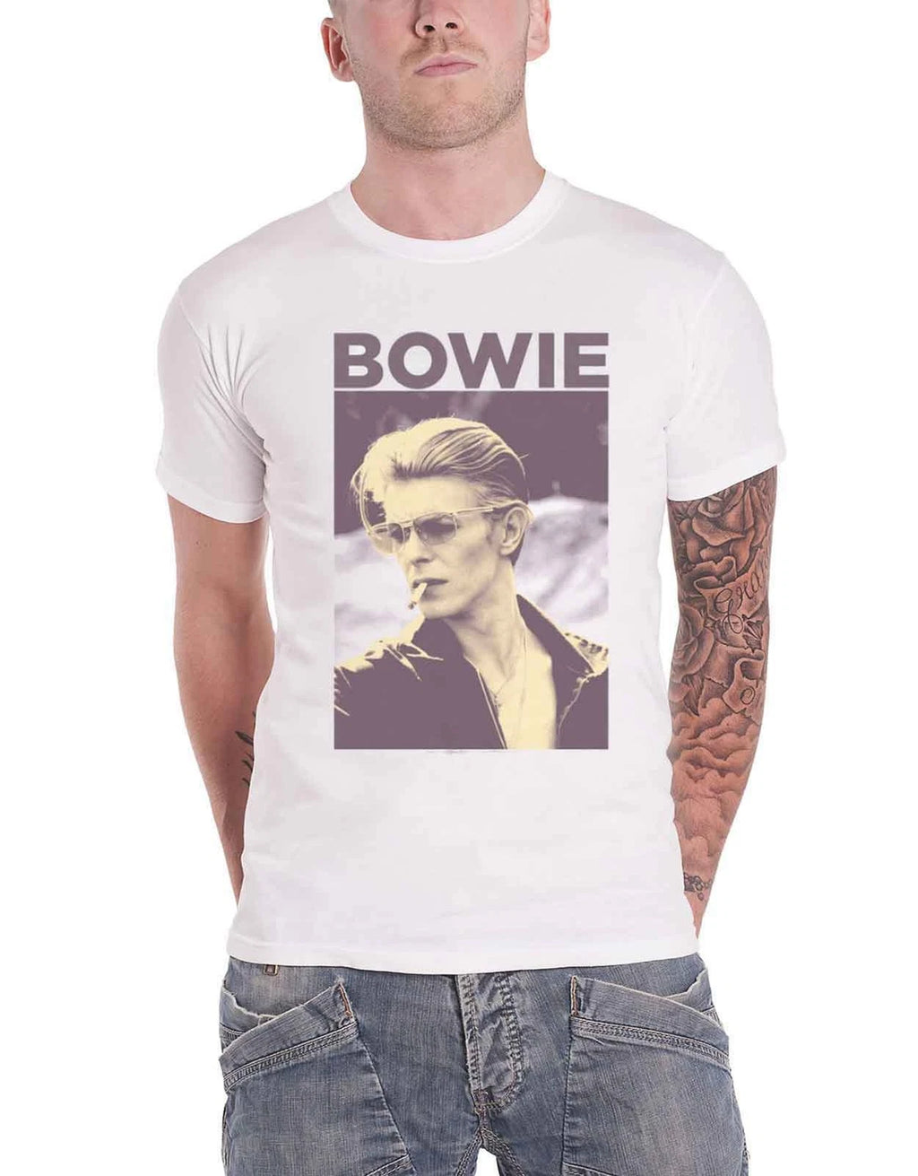 David Bowie T Shirt Vintage Retro Smoking Pose Logo Official Mens New White