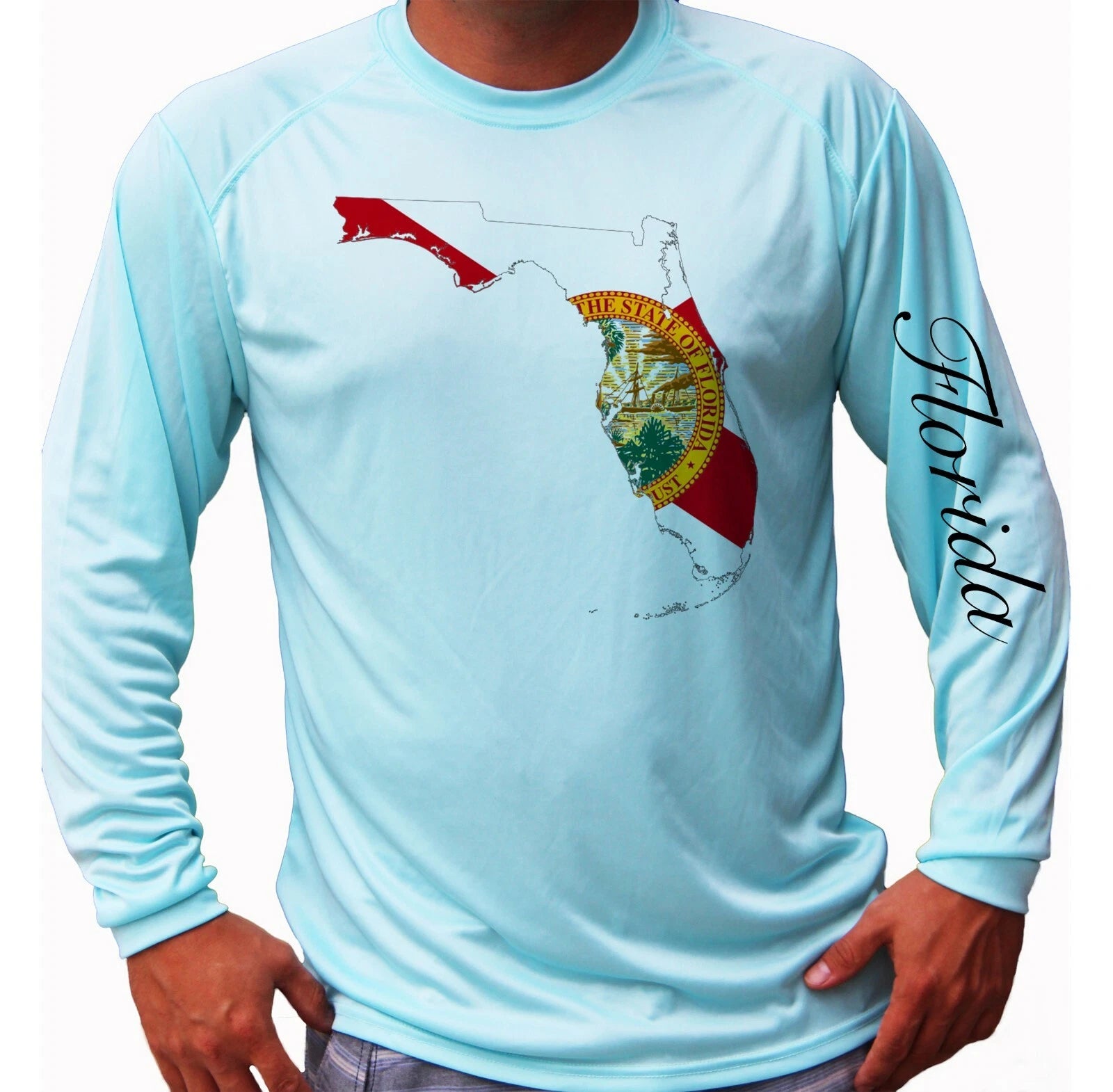 Florida Flag Map Fishing Boat Sport Long Sleeve UPF 50 T-Shirt Sun UV Protection