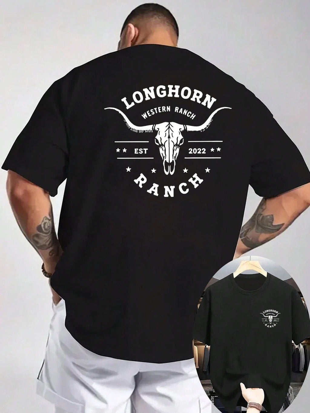 Men's Western Cowboy Graphic T-Shirt,Bull Skull Print With Texas Ranch Design