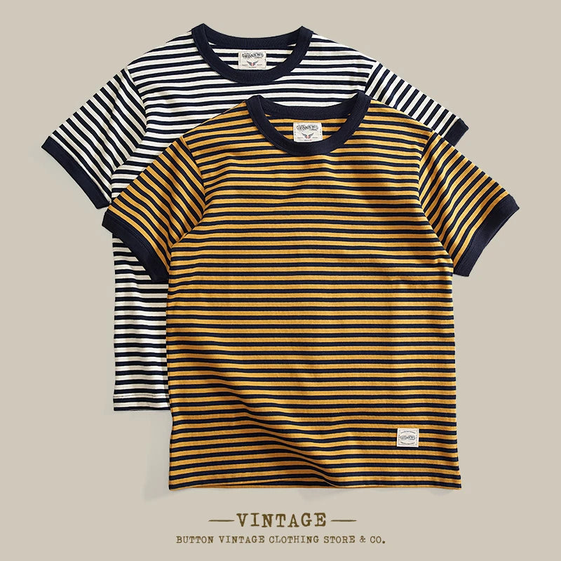 Heavy Men's Breton Top Striped T-Shirts Retro Short-sleeve Shirts Tops Army