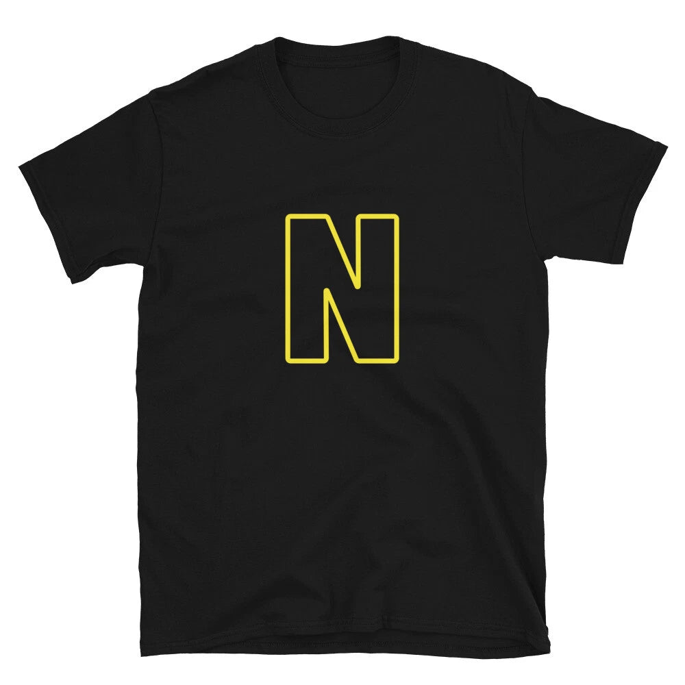 Letter  N Yellow Bold Font Simple Black T-Shirt