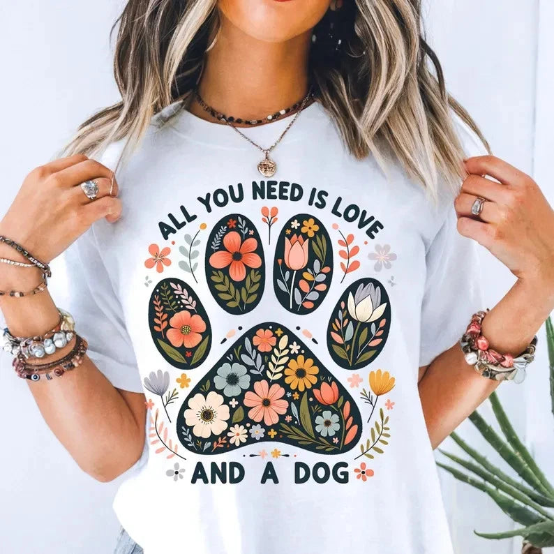 Floral Paw Print Dog Lover T-Shirt Animal Rescue Gift