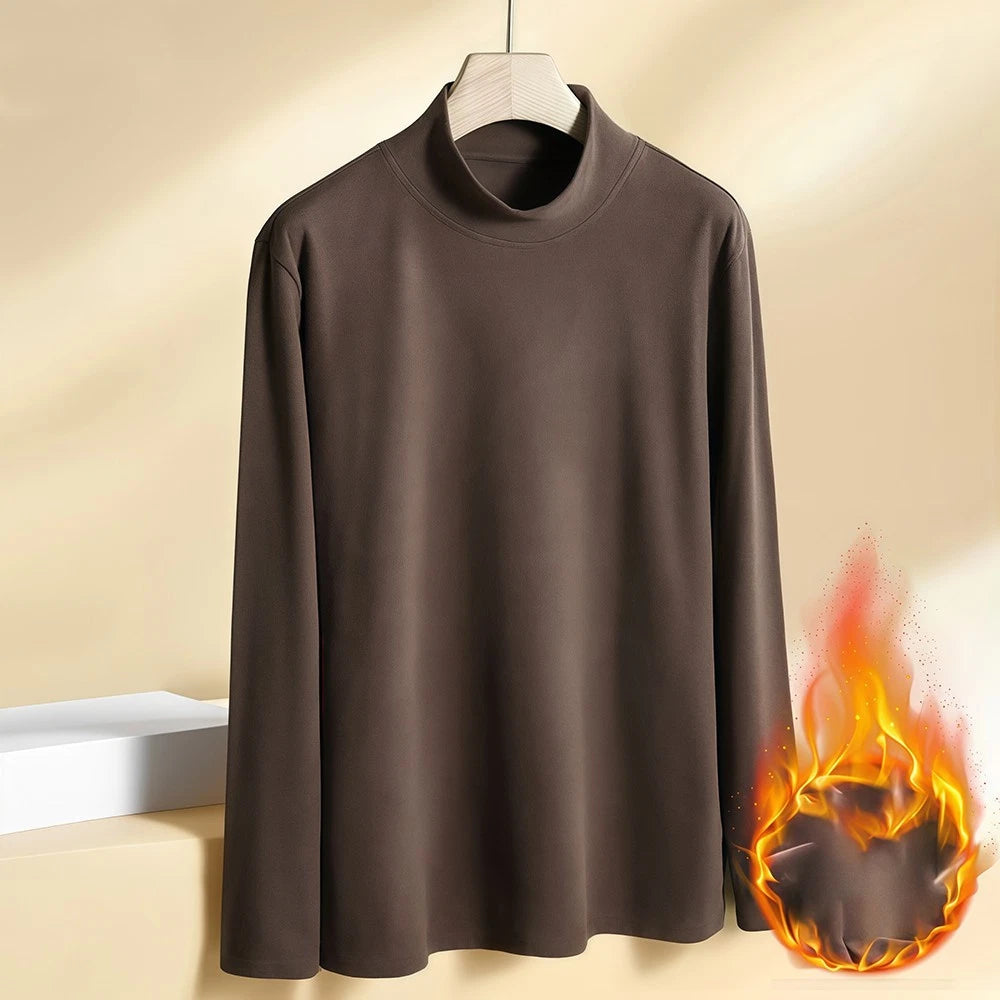 Men Solid Color Long Sleeve Velvet Top Thin Fabric High Neck for Daily Fashion