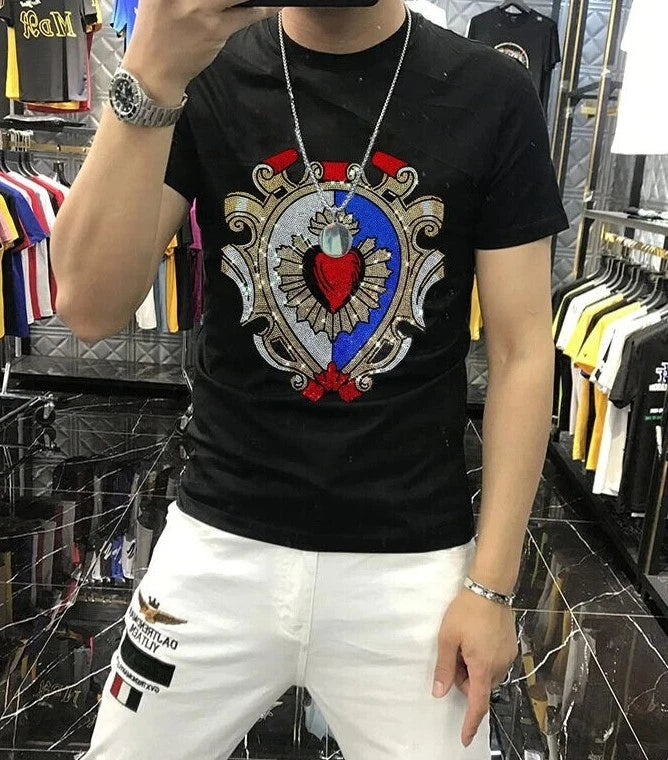 New Men Luxury Rhinestones Fashion Diamond Black White T-Shirt High Quality