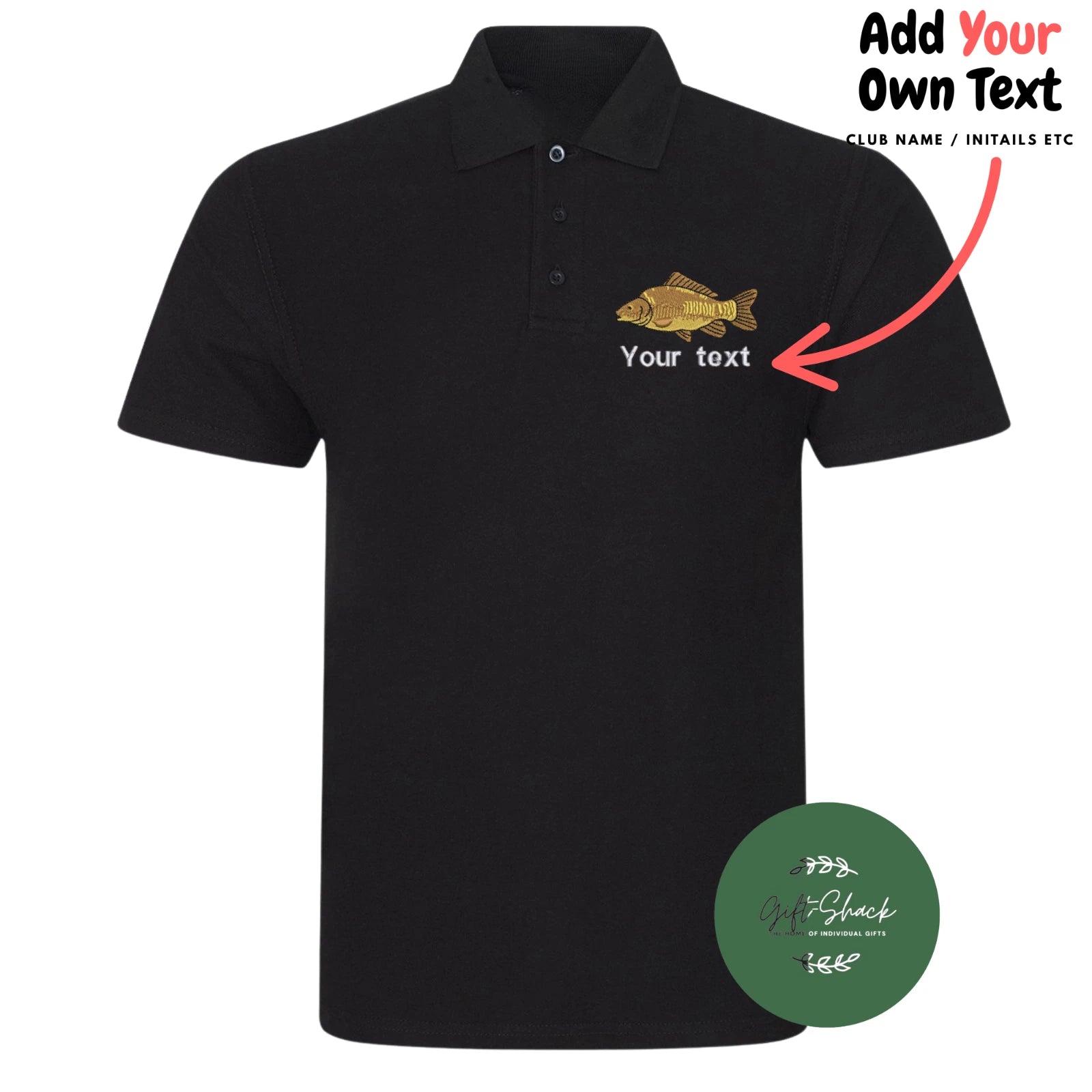 Carp Fishing Polo - Custom Premium Polo Shirt Embroidered Carp Design & Text