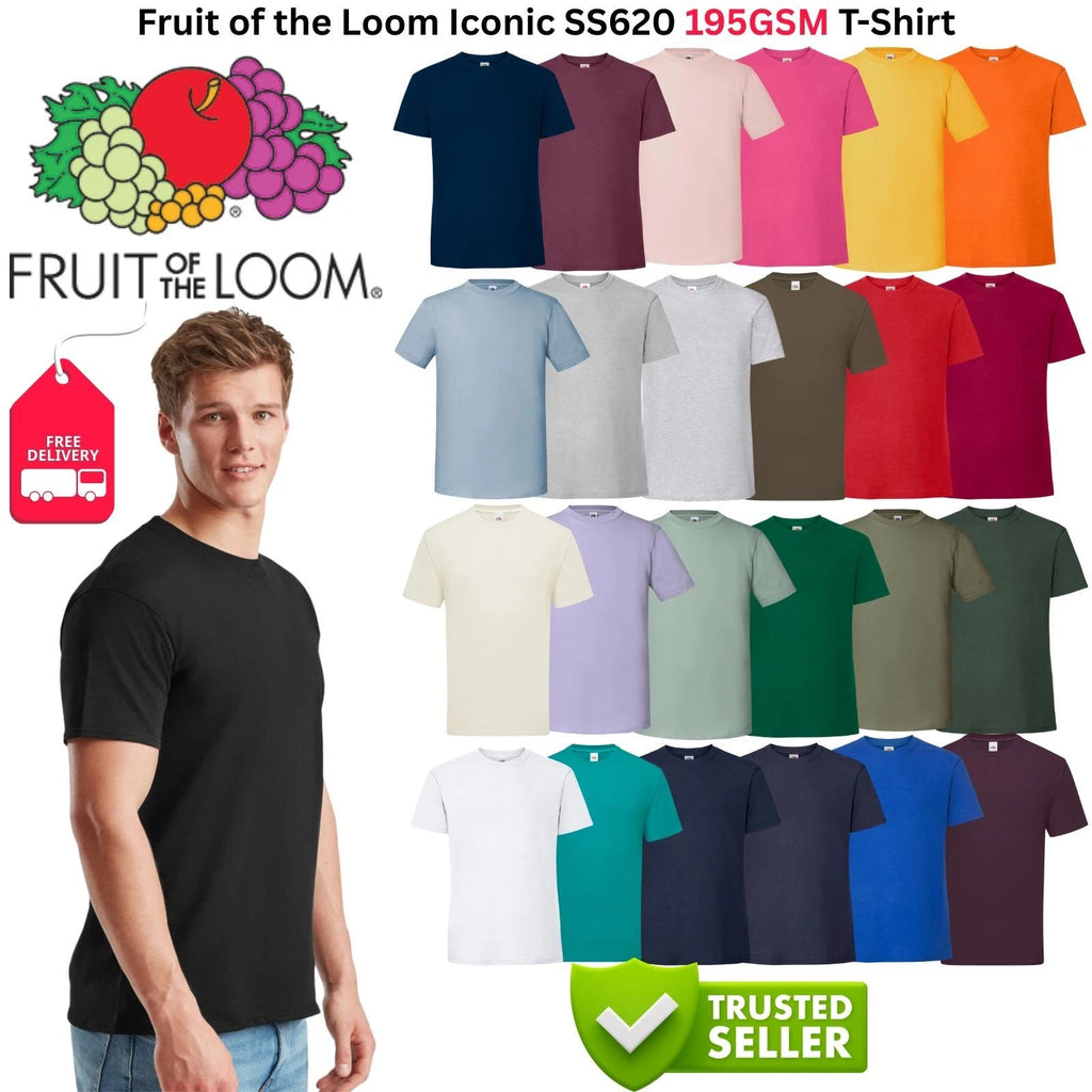 Fruit of the Loom Iconic 195 T-Shirt Mens Heavyweight 195GSM Cotton Plain Tee