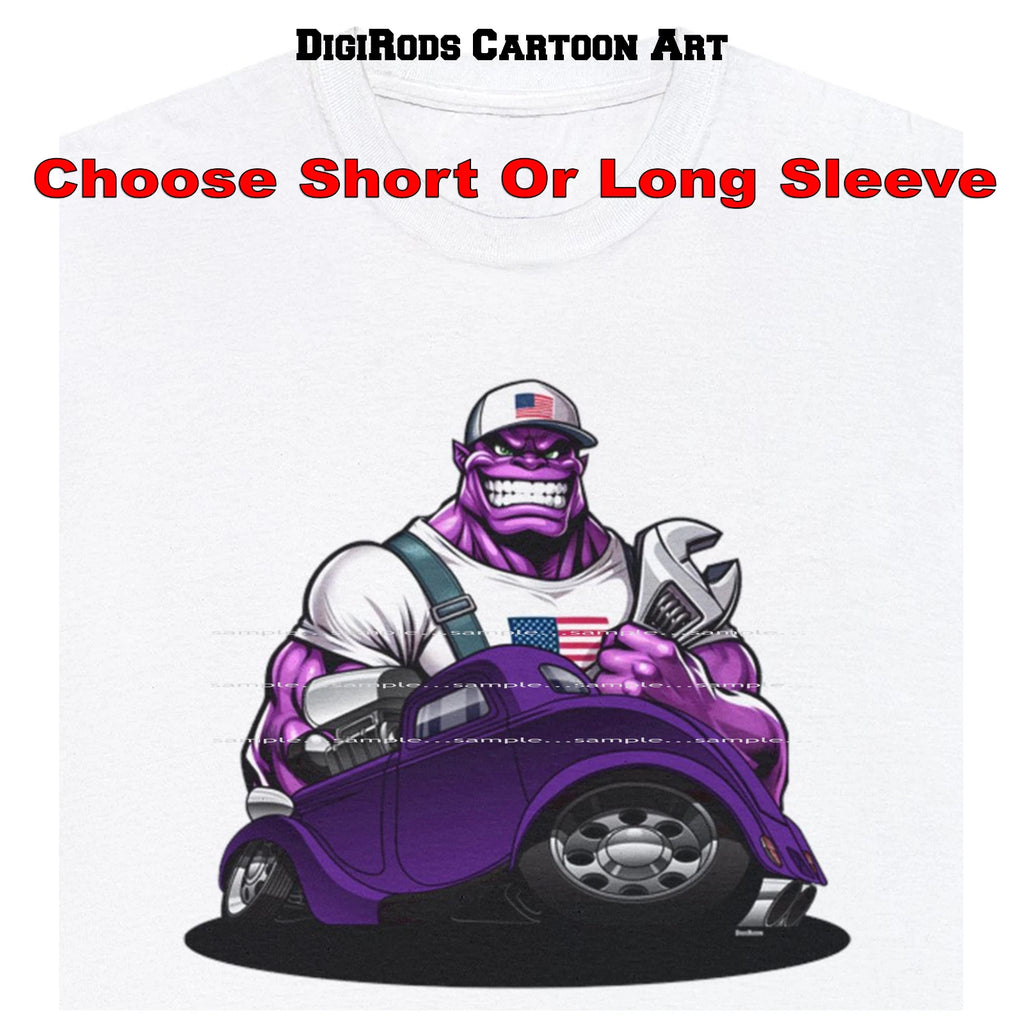 Crazy Troll Mechanic Vintage Purple Hot Rod Coupe DigiRods Cartoon Car T Shirt