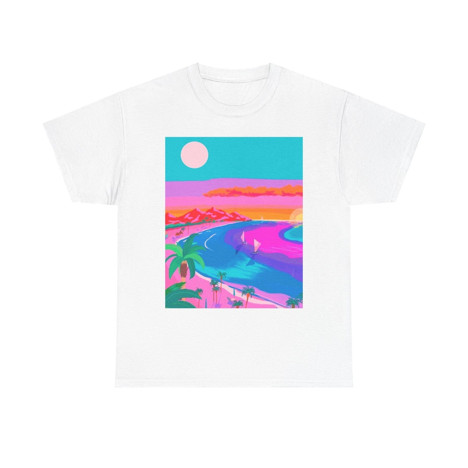 Neon Sunset Beachscape Tee | Retro Tropical Surf Scene