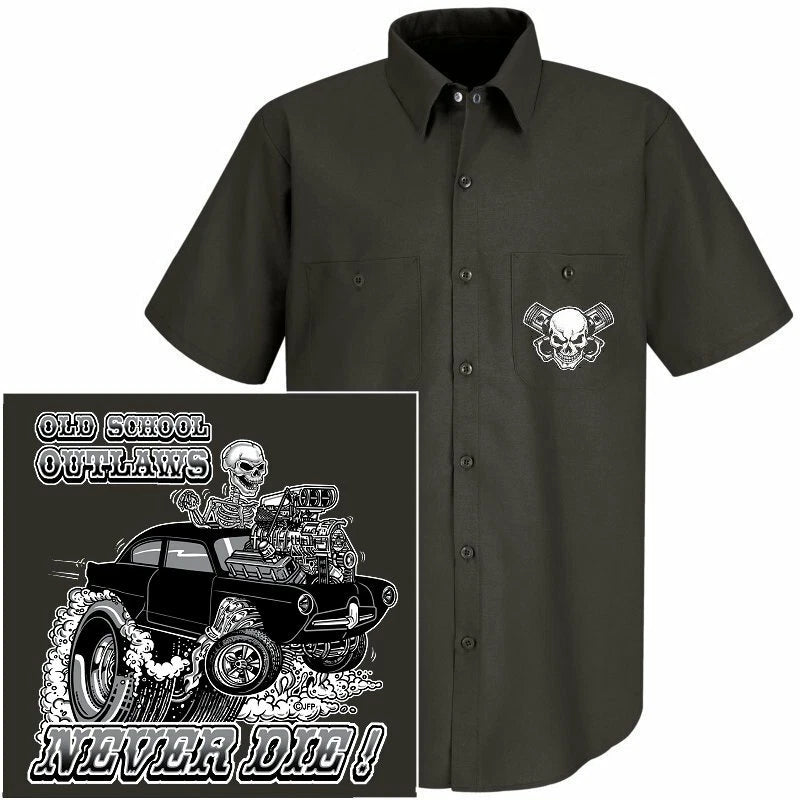 HENRY J KAISER OLD SCHOOL MUSCLE HOT ROD OUTLAW GASSER DRAG CAR SKULL WORK SHIRT