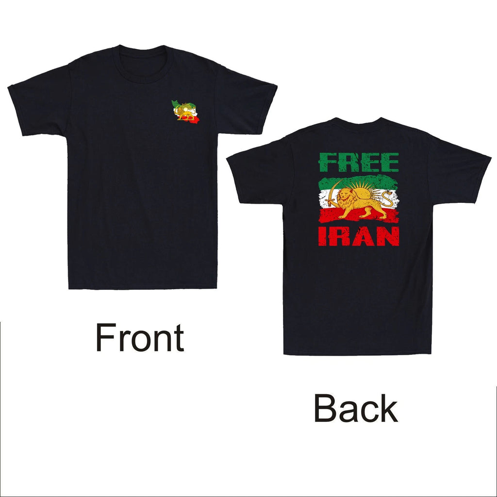 Iran Flag with Lion and Sun Emblem, FREE IRAN Front&Back Vintage Men's T-Shirt