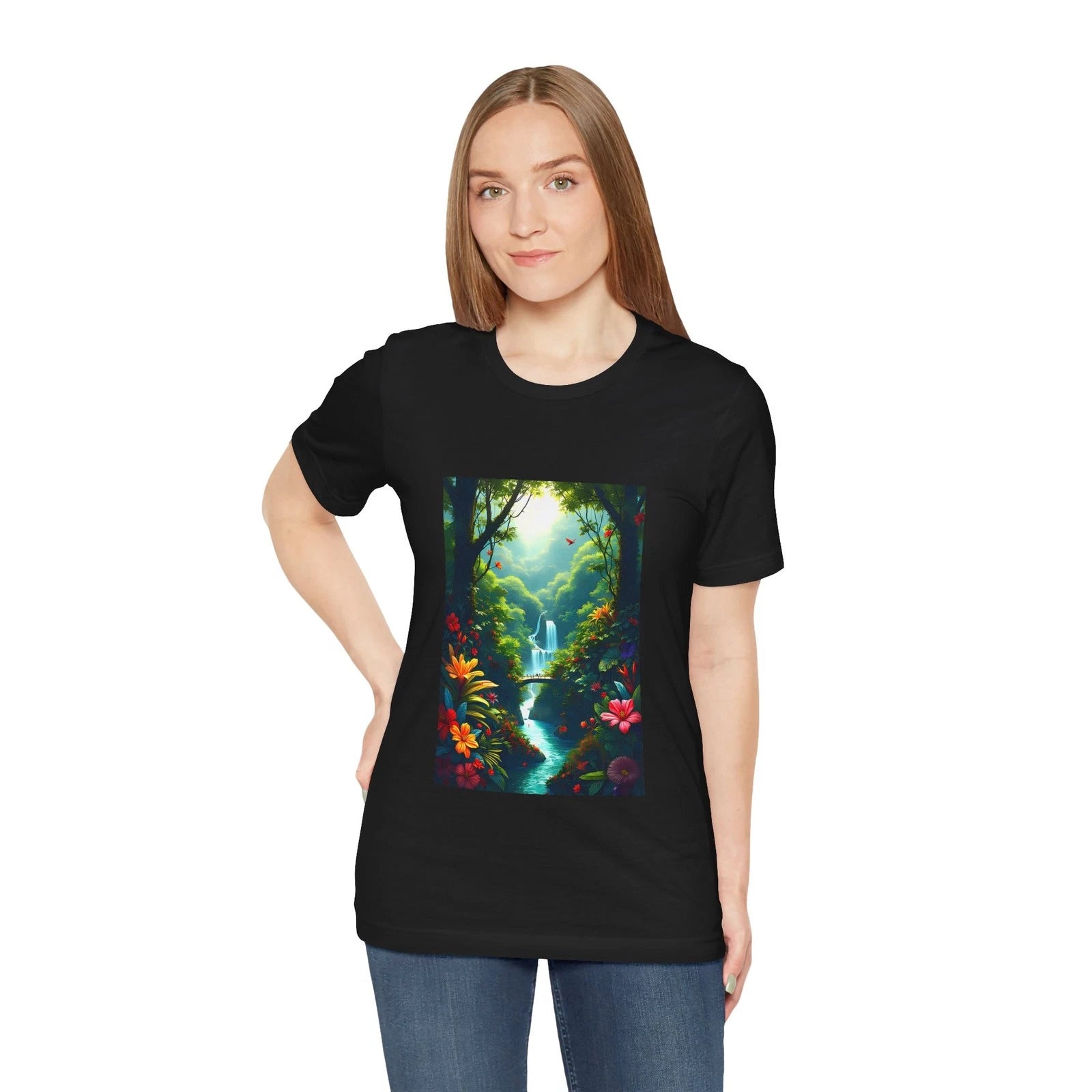 Tropical Waterfall Tee | Lush Jungle Scene, Floral River
