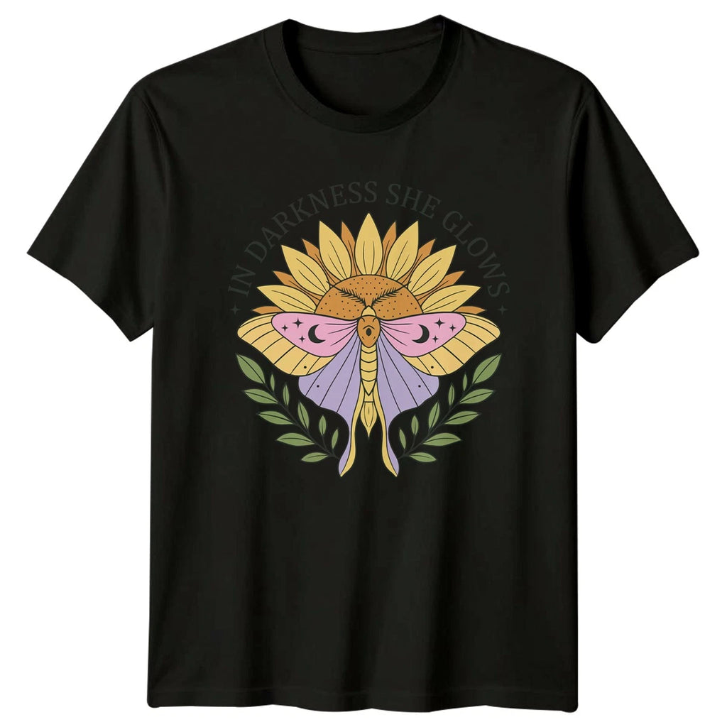In Darkness She Glows Womens T-Shirt Celestial Moth Mystical Birthday