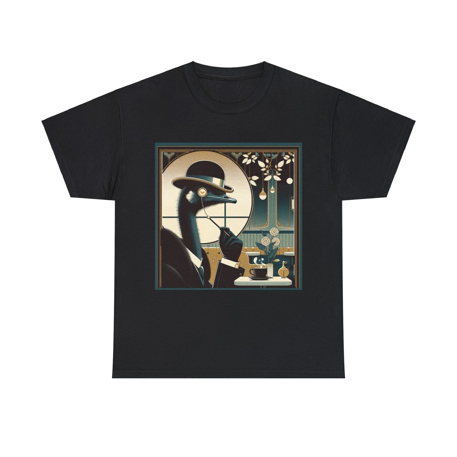 Unisex Adult T Shirt Sophisticated Ostrich Art Deco Coffee Shop Monocle Quirky