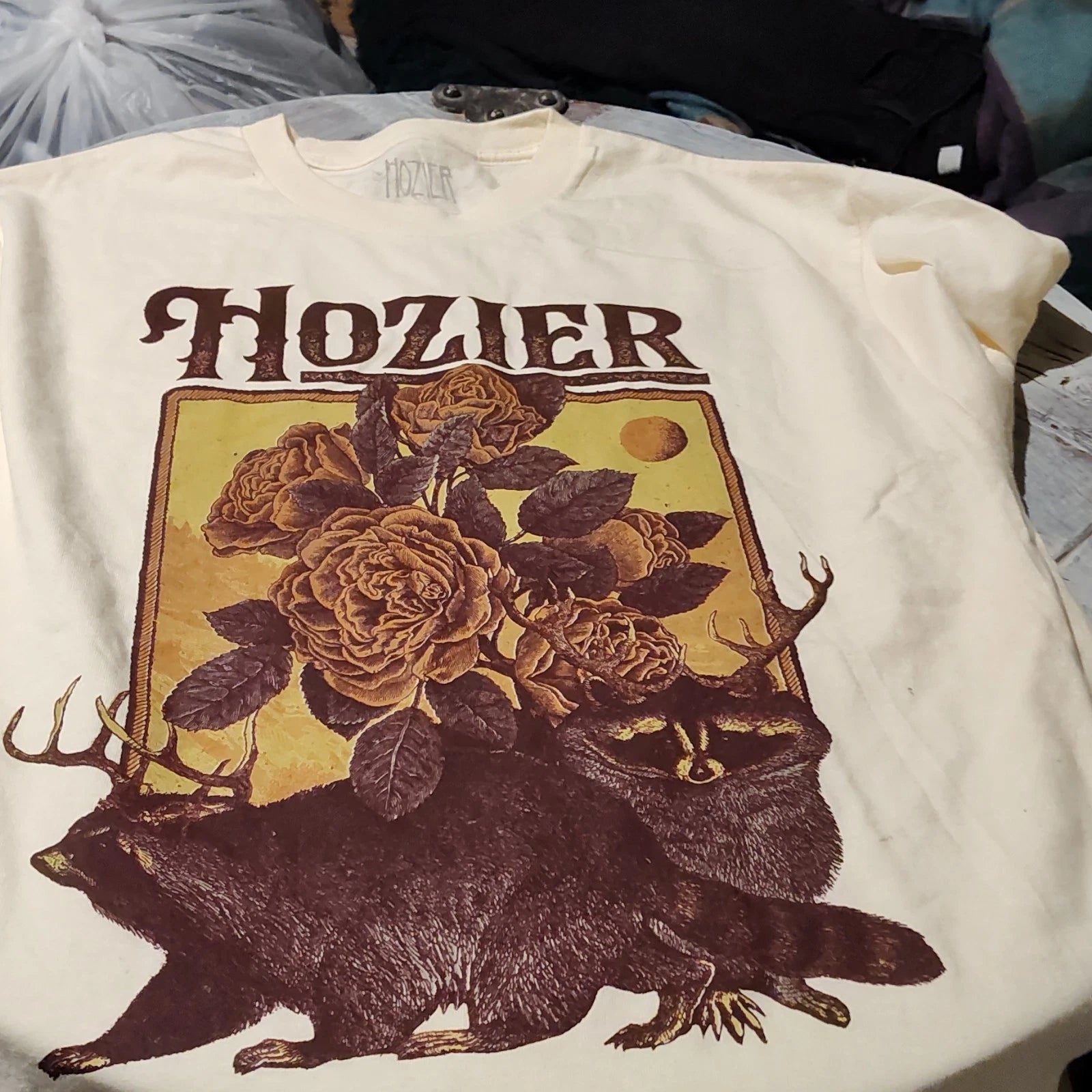 Hozier Cream Graphic Print Men's T-Shirt Floral Animal Design