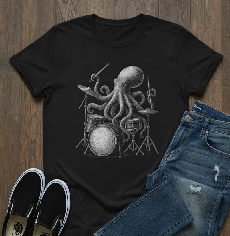 Octopus Drummer T-Shirt, Music Lover Tee, Gift for Musicians, Unisex Softstyle