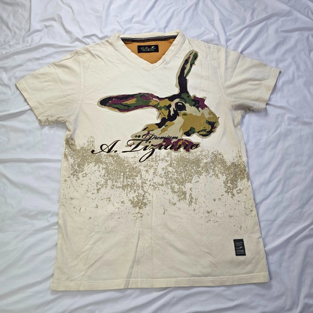 Tiziano Premium Menswear Rabbit Graphic V-Neck T-Shirt Cream Beige Men's Size M