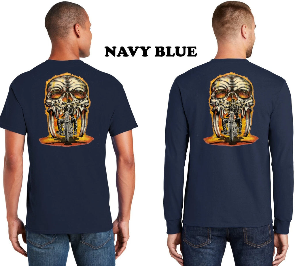 American Biker Riding Custom Chopper Motorcycle Skull With Fangs Mens T Shirt