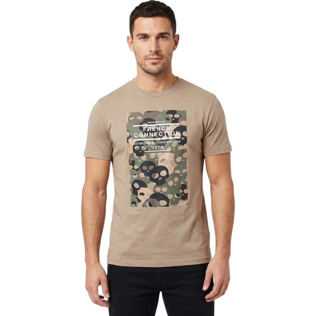 FCUK Mens T Shirts Camouflage Skull Printed Crew Neck Casual Summer Tees Beige