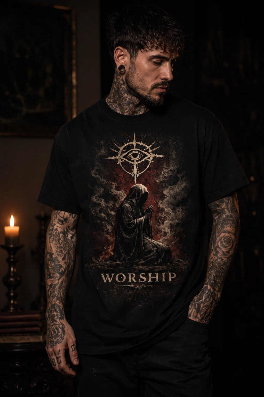 Worship Gothic Eye Symbol T-Shirt | Dark Religious Art
