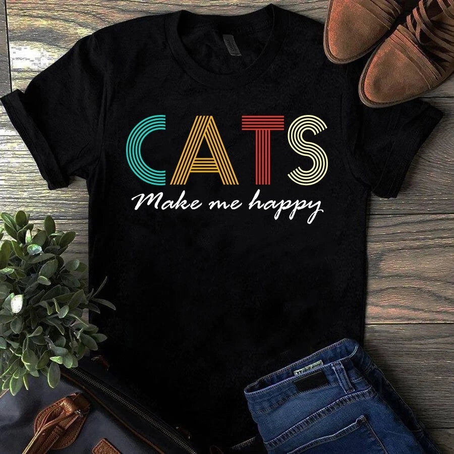 Cats Make Me Happy Vintage Gift Tshirt