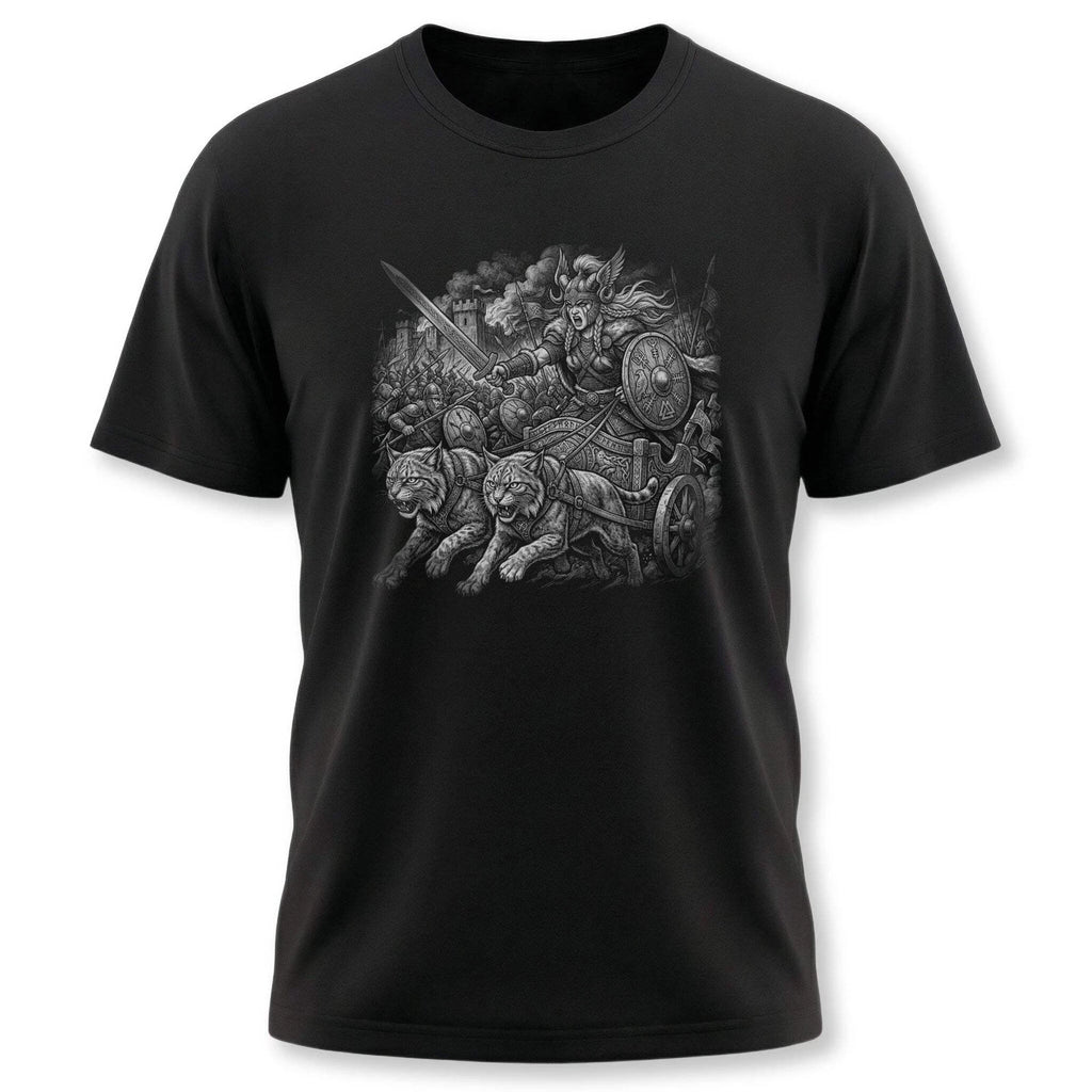 Freya Goddess Warrior T-Shirt | Norse Mythology Cats Chariot Graphic Tee Shirt