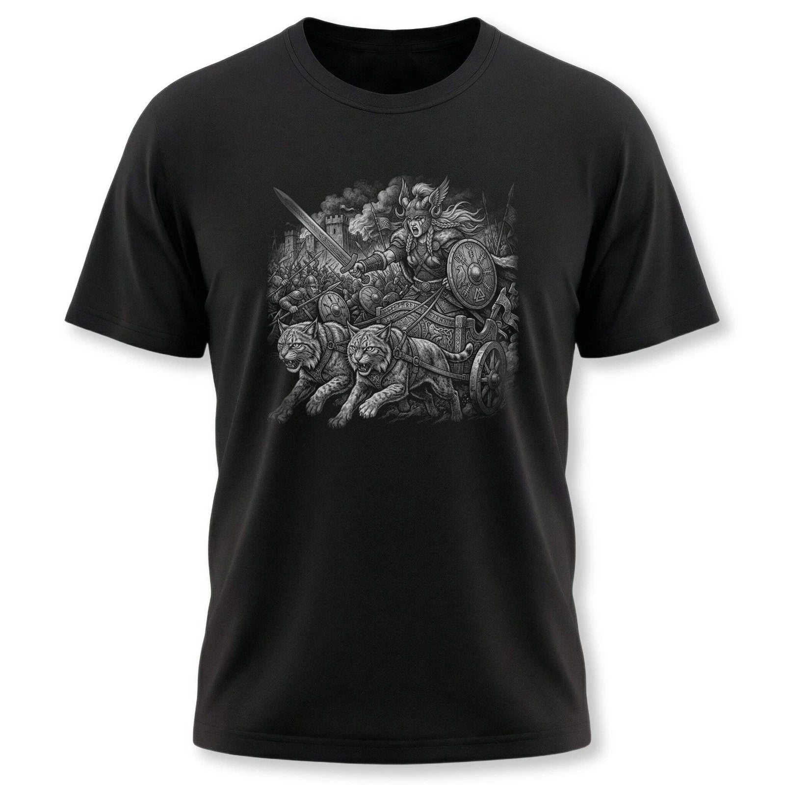 Freya Goddess Warrior T-Shirt | Norse Mythology Cats Chariot Graphic Tee Shirt