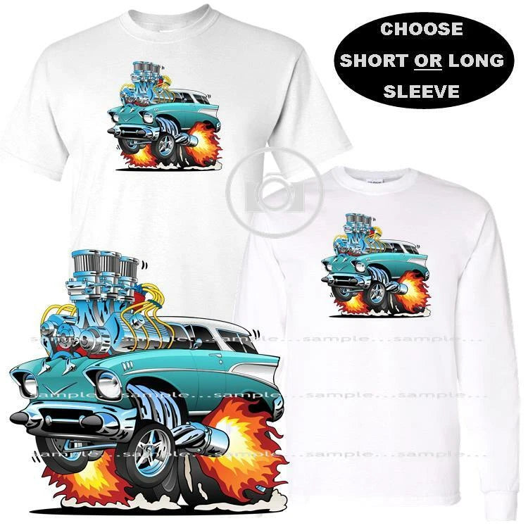 Chevrolet Chevy 1957 Flaming Hot Rod Caricature Cartoon Car Art T Shirt S-3X