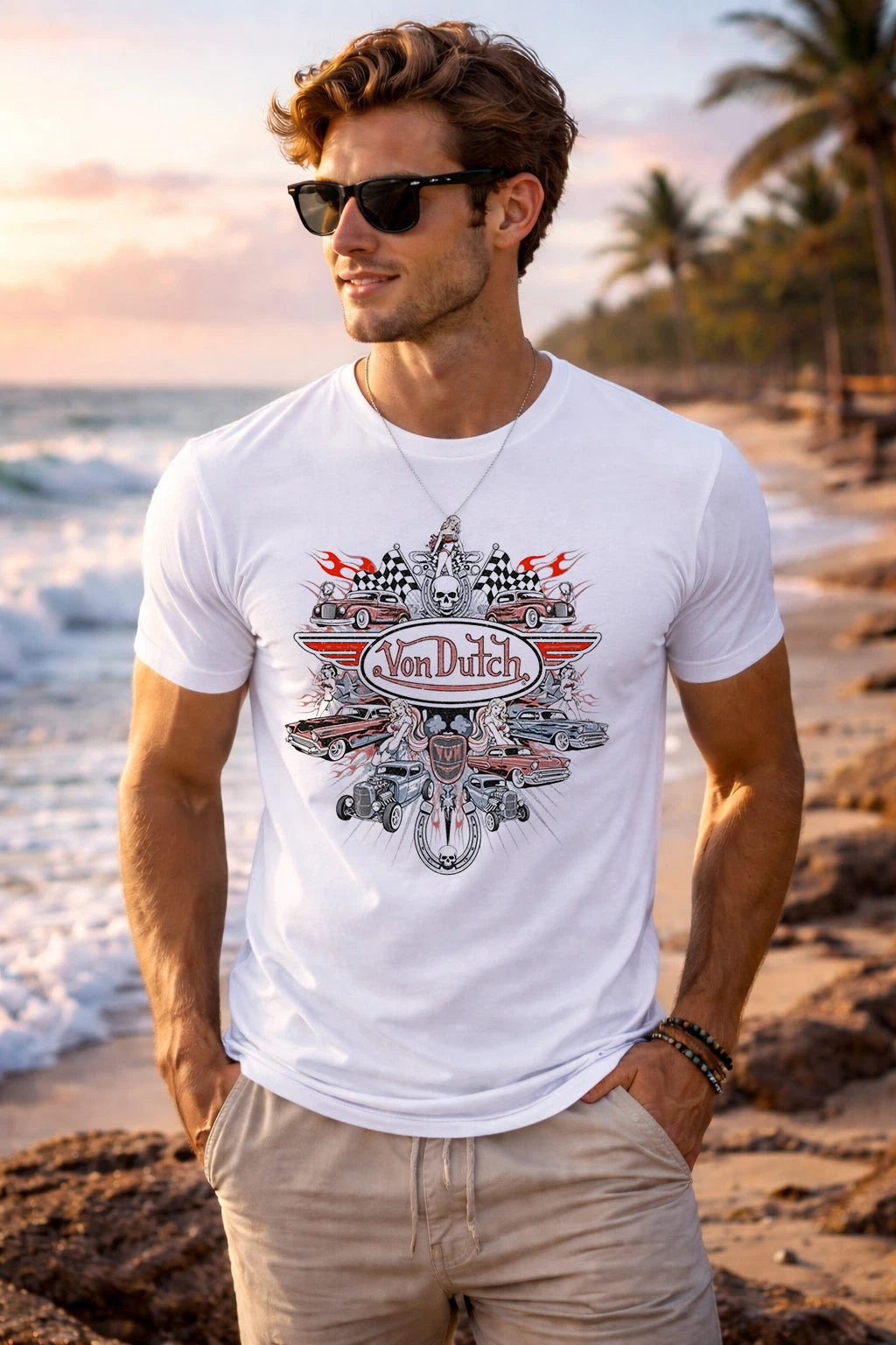Vintage Racing Graphic T-Shirt White Hot Rod Flames Checkered Flag Skull Tee