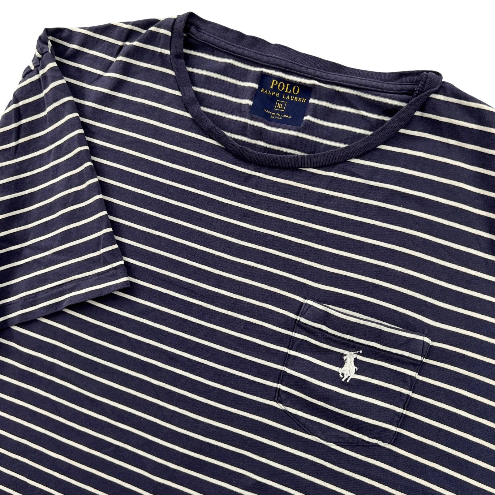 Polo Ralph Lauren Mens XL Striped Pocket T-Shirt Navy Blue White Short Sleeve