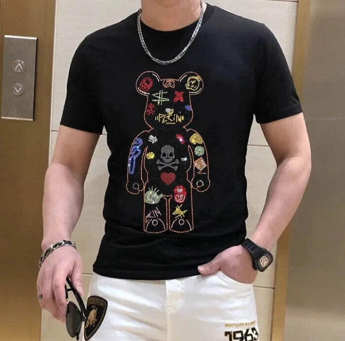 New Fashion Rhinestones Bear Short Sleeve Luxury Men Black White T-Shirt