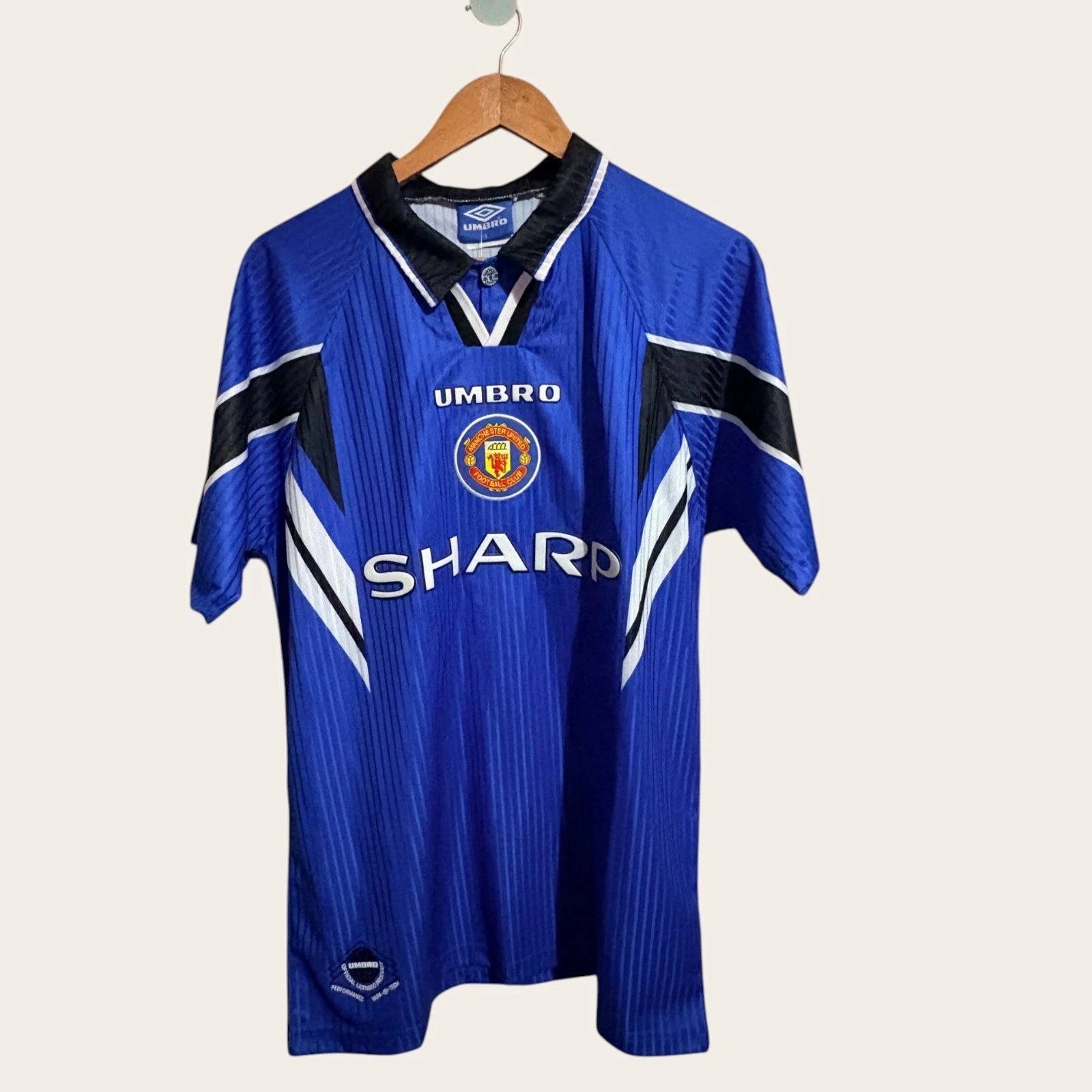 Man United 1996/98 Retro Football Shirt Away Vintage Blue Size Large Mens