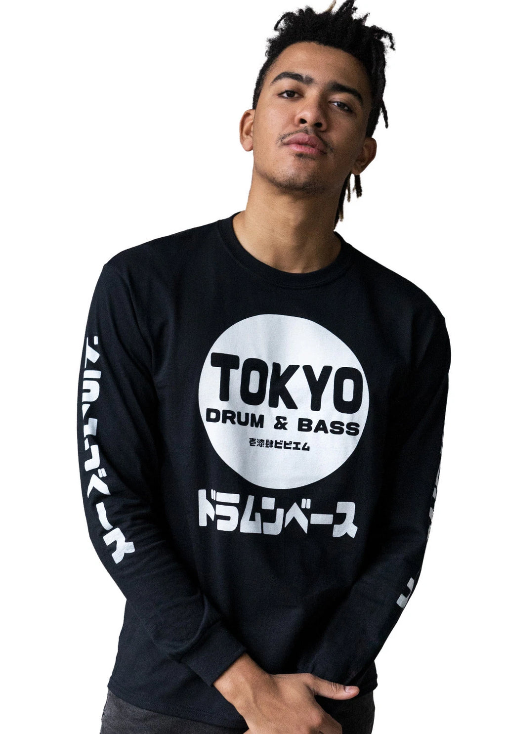 Tokyo Drum & Bass Long Sleeve Shirt Japanese Writing Printed Sleeve Mens Tee Top