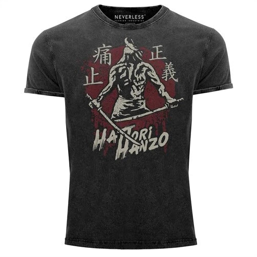 Mens Vintage Shirt Samurai Sword Japanese Characters Script