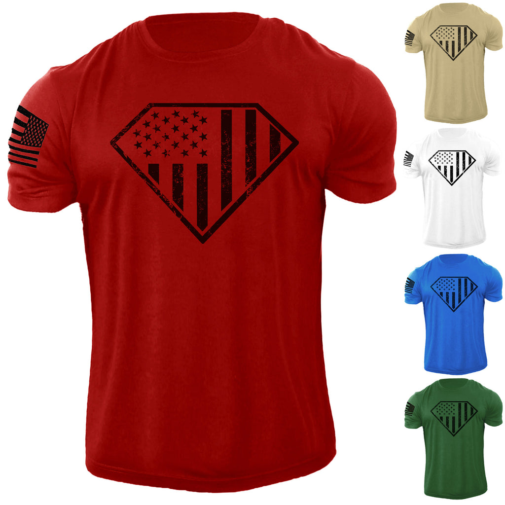 Men's USA Diamond Flag Distressed American T Shirt Patriotic 100% Cotton Tee