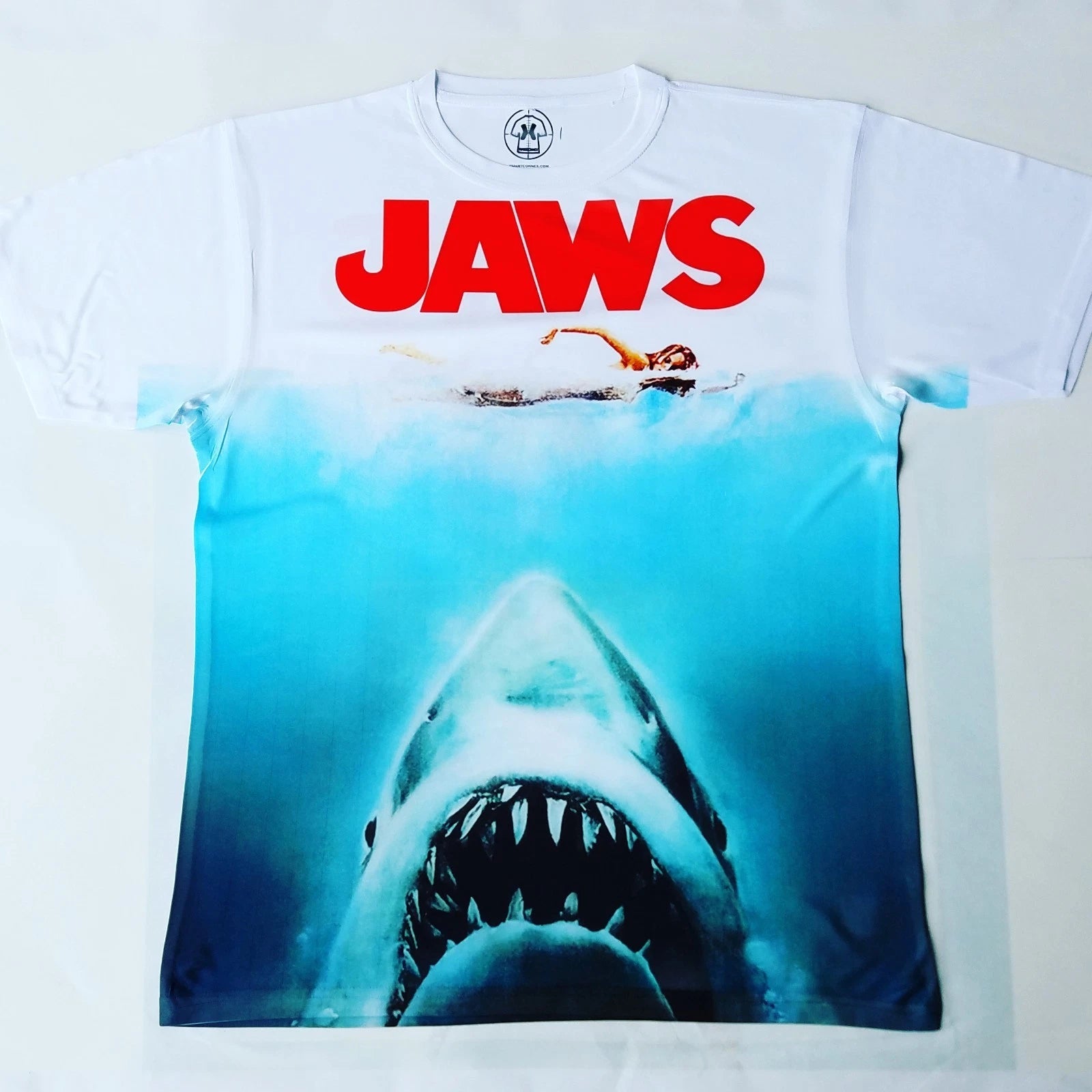 Jaws T Sublimated shirt california shark beach ocean movies 80s classic