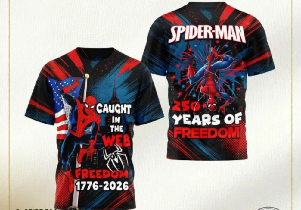 Spiderman 250 Years Caught In The Web Of Freedom AOP T-Shirt