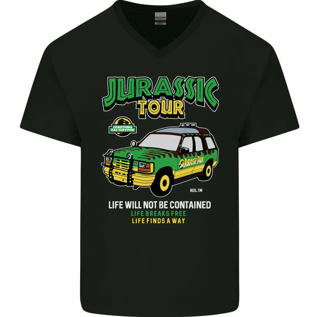 Jurassic Tour Funny Dinosaur T-Rex Mens V-Neck Cotton T-Shirt