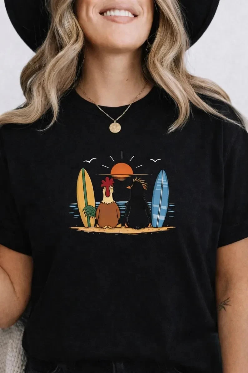 Funny Chicken Penguin Surfing T-Shirt, Beach Sunset Tee, Cute Animal Surf Shirt