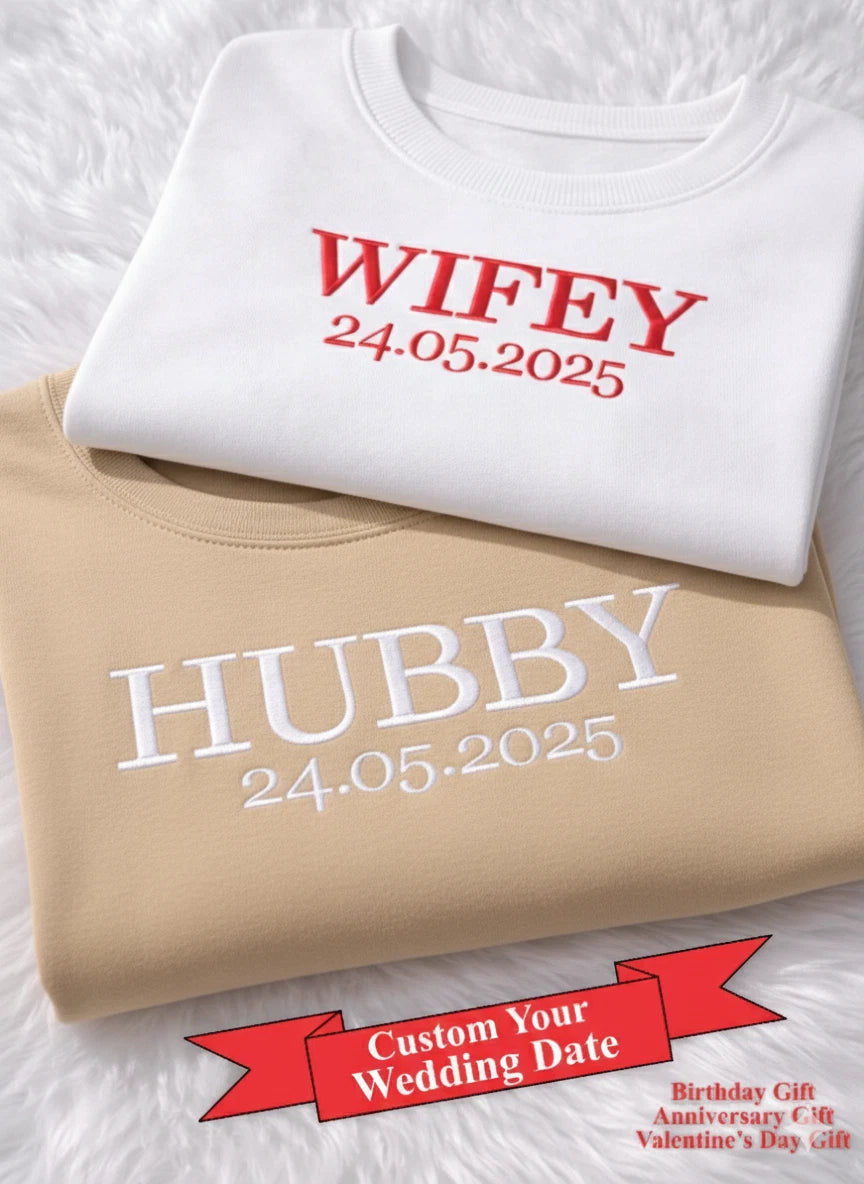 Custom Wifey Hubby Embroidered T-Shirt Matching Couples Tee Valentine's Day Gift