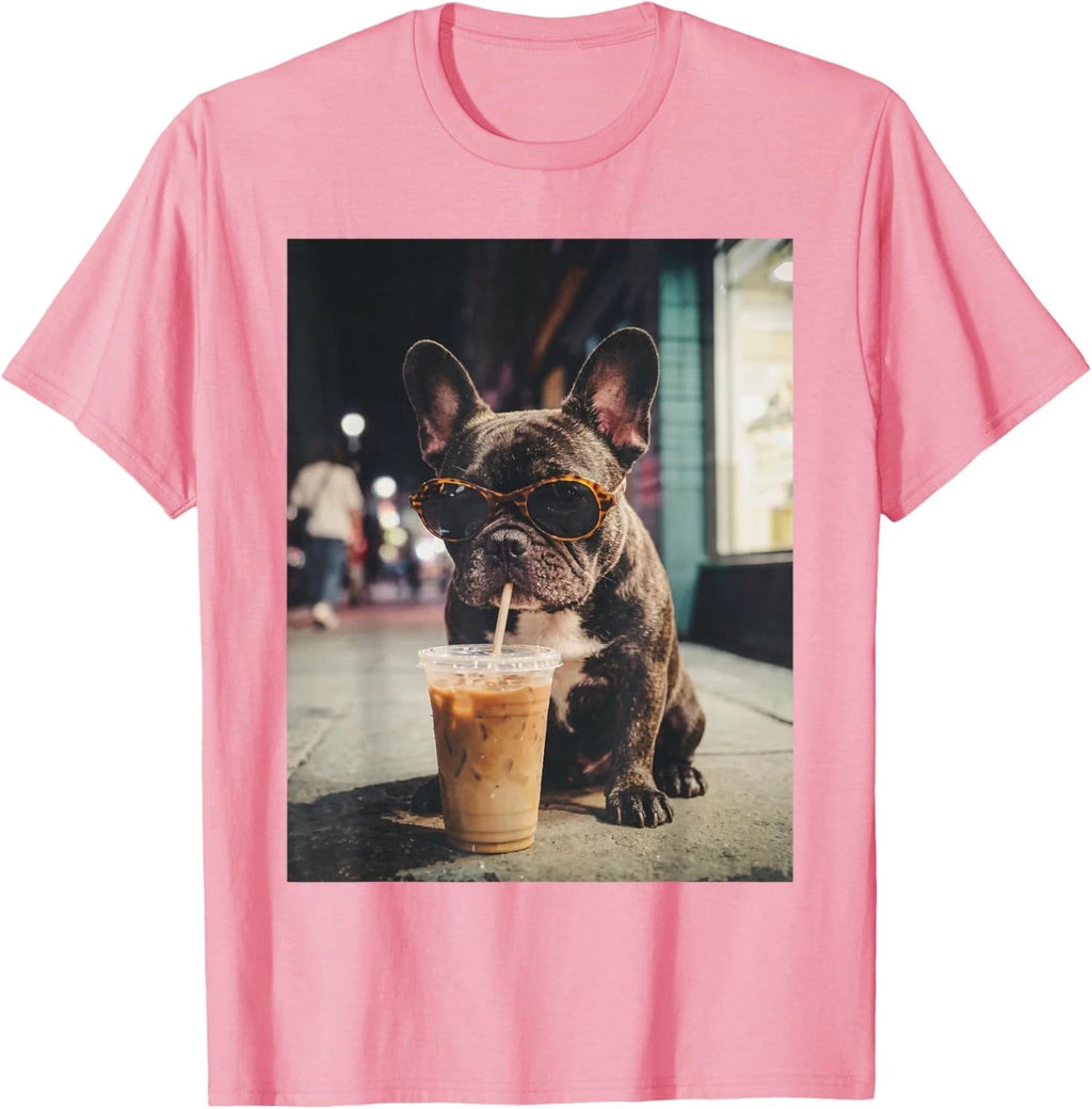 French Bulldog Drinking Iced Coffee Funny Animal T-Shirt