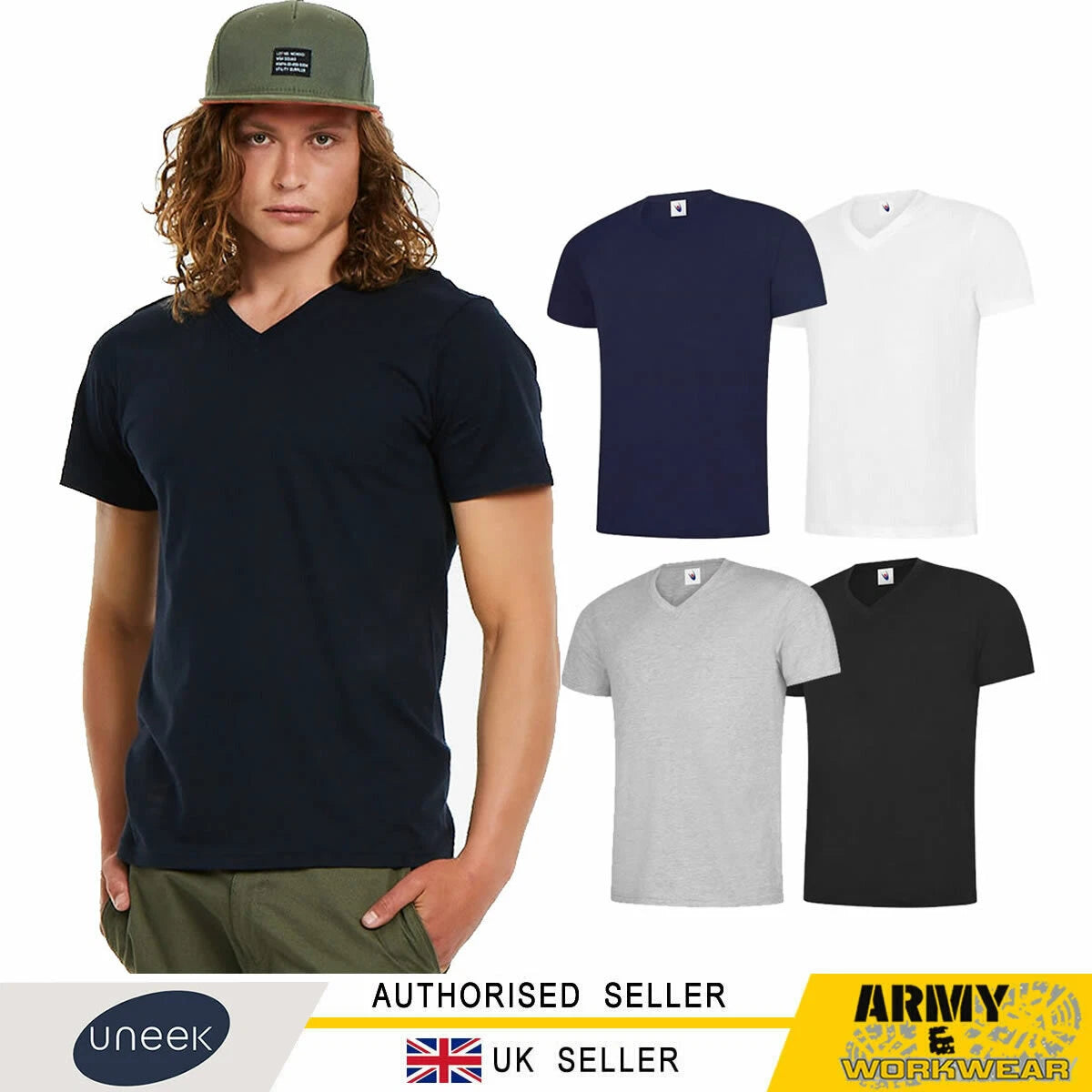 Uneek Mens Classic V Neck T Shirt Casual Wear Short Sleeves Plain Cotton Tee