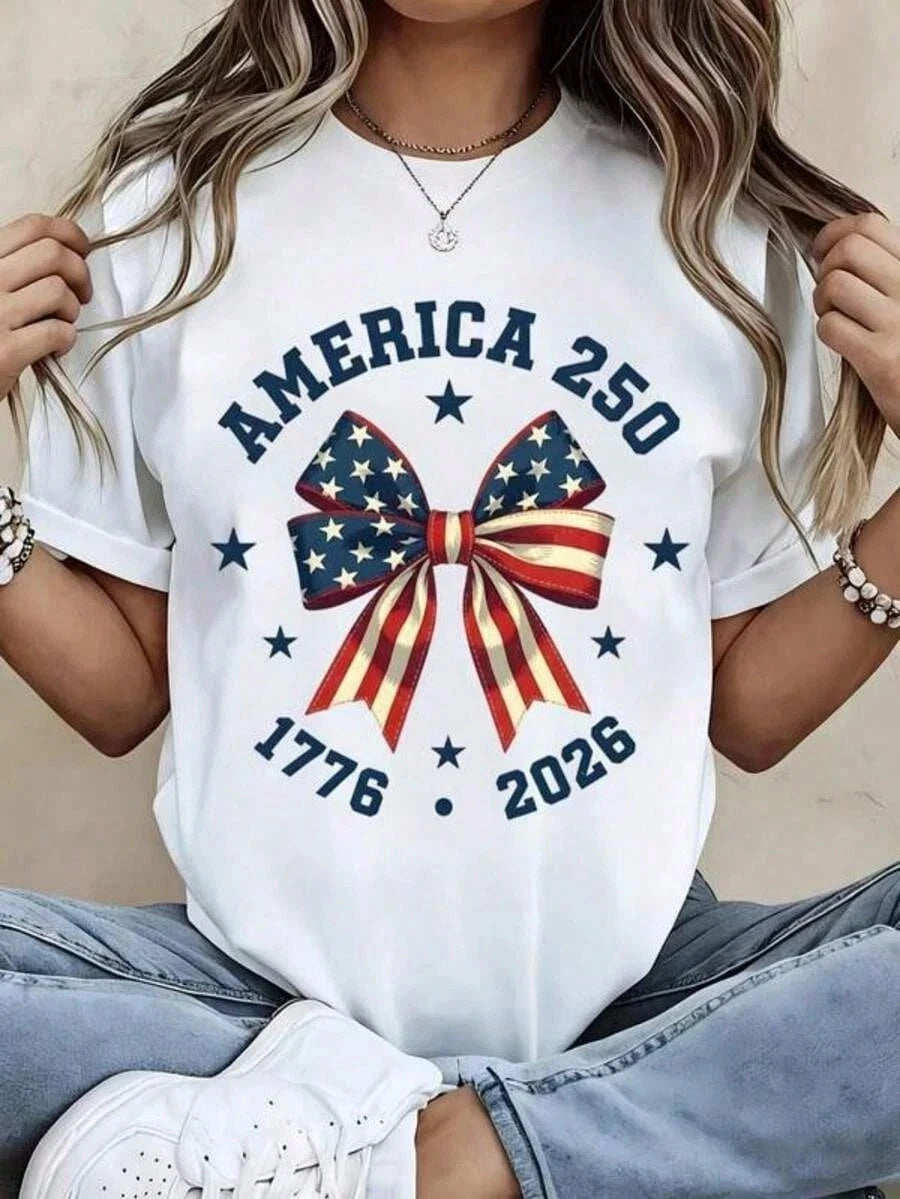 America 250 Patriotic Bow Flag Print 1776 2026 Short Sleeve T-Shirt